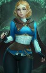 5_fingers blonde_hair breasts cape clothing female fingerless_gloves fingers gloves green_eyes hair handwear humanoid_pointy_ears lipstick makeup not_furry pointy_ears short_hair solo sciamano240 breath_of_the_wild nintendo the_legend_of_zelda princess_zelda humanoid hylian 2020 hi_res signature