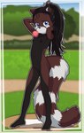 anthro baseball_base baseball_field big_clitoris black_body black_fur black_hair black_nipples black_nose blowing_bubble_gum blue_eyes brown_body brown_fur bubble bubble_gum candy clitoris dessert female flat_chested food fur genitals gum hair inflating long_hair looking_at_viewer multicolored_body multicolored_fur navel nipples nude outside pussy solo standing white_body white_fur young young_anthro young_female sicmop cora_lynne_redmon ailurid mammal red_panda hi_res