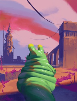 ambiguous_gender anthro big_tail black_eyes building glistening glistening_body grass green_body overweight overweight_ambiguous overweight_anthro plant semi-anthro solo sunset tail citrusslugcat rain_world videocult citrus_(slugcat) slugcat