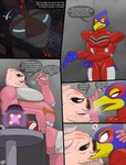 anthro arwing avian belly big_belly bird blue_body blue_fur blush cigar comic dialogue domestic_pig duo english_text falco_lombardi fur hi_res kissing male male/male mammal nintendo pigma_dengar pink_body pink_skin pizzaozzy_(artist) size_difference spacesuit star_fox suid suina sus_(pig) text