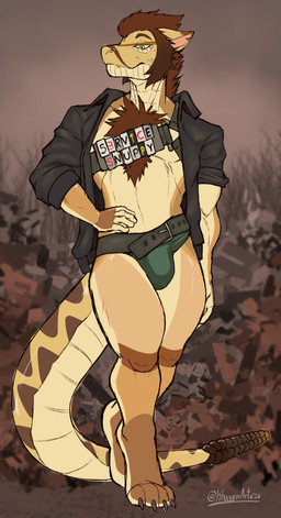 anthro arm_markings belt biped black_clothing black_jacket black_topwear bottomwear briefs brown_body brown_eyes brown_fur brown_hair bulge chest_tuft clothed clothing digitigrade facial_markings fingers fur green_briefs green_clothing green_underwear hair hand_markings harness head_markings jacket knee_markings leetspeak leg_markings looking_at_viewer male markings multicolored_body neck_tuft open_clothing open_jacket open_topwear pupils rattle_(anatomy) reptile_tail service simple_background skimpy slim slit_pupils socks_(marking) solo tail tan_body text topwear tuft two_tone_body underwear unusual_anatomy unusual_tail wasteland khayen fallout microsoft heathen_(yourpalheathen) hybrid night_stalker_(fallout) reptile scalie snake 2025 2026 absurd_res artist_name colored digital_drawing_(artwork) digital_media_(artwork) english_text full-length_portrait hi_res portrait signature