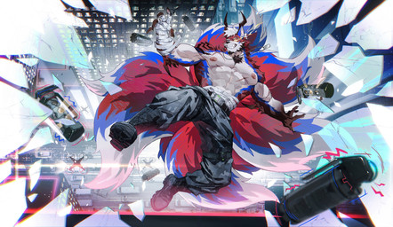 2_horns 9_tails abs anthro beard belt black_belt black_boots black_bottomwear black_clothing black_footwear black_pants blue_body blue_eyes blue_fur boots bottomwear broken_glass building camo camo_bottomwear camo_clothing camo_pants camo_print car chest_tuft city cityscape clothing dog_tags explosives facial_hair footwear fur glass glowing glowing_eyes grenade grin hair hand_wraps heterochromia horn jumping male multi_tail multicolored_body multicolored_fur nipples obliques pants pattern_bottomwear pattern_clothing pattern_pants pecs red_body red_fur shoes smile solo street tail throwing_grenade throwing_weapon torso_wraps tuft vehicle weapon white_body white_fur white_hair window wraps yellow_eyes amo9612 baruswolf canid canine canis mammal wolf 2025 absurd_res hi_res