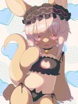 4_fingers ambiguous_anthro ambiguous_gender anthro bangs barefoot bell bell_collar bent_arm black_bra black_clothing black_headdress black_panties black_underwear blush blush_lines bodily_fluids bra cat_ear_panties cat_keyhole_bra cat_lingerie cleavage_cutout clothed clothed_ambiguous clothed_anthro clothing collar cutout dialogue ellipsis exclamation_point eyebrows eyelashes featureless_chest feet fingers frilly frilly_clothing frilly_headdress frilly_headwear front_view fur glistening glistening_eyes hair headdress headgear headwear heart_symbol holding_hair horizontal_pupils inner_ear_fluff kemono keyhole_bra keyhole_clothing keyhole_underwear lingerie looking_at_viewer midriff nervous nervous_smile nervous_sweat open_mouth open_smile panties pattern_background pink_mouth pupils shy side-tie_clothing side-tie_panties simple_background sitting smile speech_bubble sweat sweatdrop tail tan_body tan_ears tan_fur tan_tail touching_hair tuft two_tone_tail underwear whisker_spots whiskers white_eyelashes white_hair yellow_eyes young young_ambiguous young_anthro doshole made_in_abyss nanachi lagomorph leporid mammal narehate rabbit 2025 3:4 cel_shading digital_media_(artwork) hi_res portrait shaded three-quarter_portrait