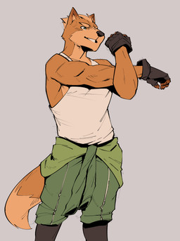 anthro athletic black_clothing black_gloves black_handwear bottomwear clothing fingerless_gloves fur gloves green_bottomwear green_clothing green_shorts handwear male orange_body orange_fur shirt shorts smile solo stretching tail tank_top topwear white_clothing white_shirt white_tank_top white_topwear mashtateos nintendo star_fox fox_mccloud canid canine fox mammal absurd_res hi_res