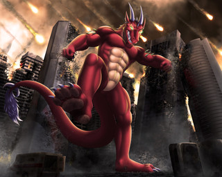 4_toes 5_fingers 5_toes abs anthro biceps biped building city cityscape claws crush destruction detailed_background dirty dirty_feet fangs featureless_crotch feet fingers fire fist glowing glowing_eyes green_eyes horn low-angle_view macro macro_male male muscular muscular_anthro muscular_male nude outside pawpads paws pecs plantigrade red_body red_scales red_skin red_tail scales sharp_teeth smile smoke soles solo spikes spikes_(anatomy) standing stomping tail tail_tuft tan_body teeth toe_claws toes tuft vehicle white_claws yellow_eyes dream_and_nightmare european_mythology mythology cirez dragon mythological_creature mythological_scalie scalie western_dragon wingless_dragon 5:4 detailed digital_media_(artwork)