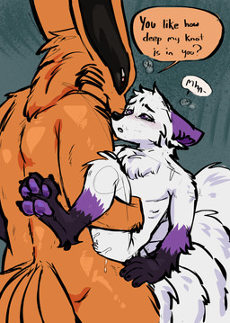 anal anal_knotting anal_penetration anthro anthro_on_anthro anthro_penetrated anthro_penetrating anthro_penetrating_anthro bodily_fluids cum cum_in_ass cum_inside duo ejaculation femboy fluffy fur genital_fluids gloves_(marking) knotting larger_male leg_markings looking_pleasured male male/male male_on_bottom male_on_top male_penetrated male_penetrating male_penetrating_male markings multi_tail neck_tuft on_bottom on_top one_sided_climax orange_body orange_fur pawpads paws penetration penile penile_penetration penis_in_ass purple_eyes sex size_difference smaller_male smaller_on_top smaller_penetrated socks_(marking) speech_bubble stand_and_carry_position standing standing_sex tail text tuft prince-vulpine naruto kurama rook_(rookarino4277) canid canine fox mammal tailed_beast absurd_res hi_res