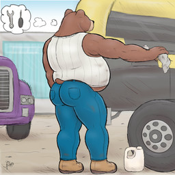 anthro barazoku belly brown_body brown_fur clothing fur male mechanic musclegut muscular muscular_male overweight overweight_male solo truck trucker alanottaviano bear brown_bear grizzly_bear mammal ursine 1:1 hi_res
