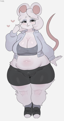 anthro belly big_breasts bottomwear breasts clothing cropped_hoodie eyelashes eyeshadow female footwear front_view fur hair hotpants makeup muffin_top overweight overweight_anthro overweight_female shoes shorts shortstack shortstack_female solo standing white_body white_fur white_hair sususuigi mammal murid murine rat rodent hi_res