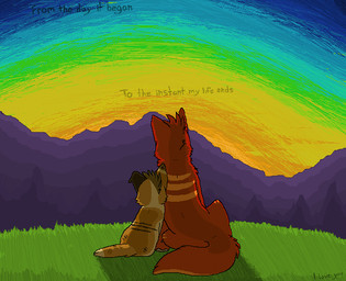 ambiguous_gender black_body black_fur brown_body brown_fur detailed_background duo feral fur grass head_tuft i_love_you lyrics mountain one_ear_up orange_body orange_fur outside plant red_body red_fur romantic romantic_couple sitting sky sunset tail tan_body tan_fur text tuft sebdoggo aj_(ajbob) blue_(sebdoggo) canid canine canis domestic_dog fox herding_dog hybrid mammal mixed_breed pastoral_dog welsh_corgi wolf 2011 aliasing cel_shading digital_drawing_(artwork) digital_media_(artwork) english_text microsoft_paint_(artwork) shaded male_(lore) trans_(lore) trans_man_(lore)