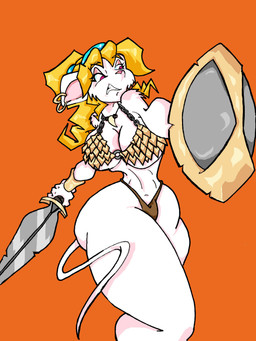 anthro breasts ear_piercing ear_ring female hair melee_weapon piercing ring_piercing shield solo sword weapon kskillz squeek house_mouse mammal mouse murid murine rodent 2007 hi_res