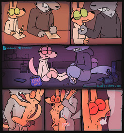 3_toes anal anal_penetration anthro arm_grab balls barefoot bodily_fluids clothing crossed_legs cum cum_drip cum_in_mouth cum_inside dialogue drinking drinking_cum dripping duo erection eyewear eyewear_only fangs feet fellatio footwear foreskin french_kissing genital_fluids genitals glasses glasses_only grin hot_dogging humanoid_genitalia humanoid_penis inside kissing legs_up licking_tongue male male/male male_penetrated male_penetrating male_penetrating_male navel nipples nude nude_male open_mouth oral orgasm pawpads penetration penile penis raised_arms restrained_arms sex sitting smile socks speech_bubble spiral spiral_eyes standing standing_sex sweat tail teeth text toes vein veiny_penis wearing_glasses conditional_dnp watermelon_(artist) canid canine canis fox mammal wolf 2025 2d_animation aliasing animated animated_comic comic digital_media_(artwork) english_description english_text frame_by_frame short_playtime