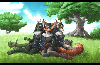anthro black_bars blue_sky clothing electronics female grass green_body green_scales group legwear money nun nun_habit nun_outfit plant religious_clothing scales sitting sky stockings tablet tablet_computer tree trio ewgengster canid canine felid feline fox lynx mammal scalie absurd_res hi_res letterbox traditional_media_(artwork)