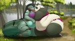 anthro belly blush breasts claws clothed clothing cuddling duo ear_piercing female female/female jewelry lake obese obese_anthro obese_female outside overweight overweight_anthro overweight_female piercing plant skimpy smile tree wide_hips gillpanda gillpanda_(character) bear giant_panda mammal manatee marine sirenian absurd_res hi_res