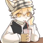 anthro beret black_clothing black_jacket black_topwear clothing container cup drinking_straw fur furgonomic_headwear furgonomics furniture glass glass_container glass_cup hand_on_head hat headgear headwear holding_object jacket kemono looking_at_viewer male resting_head simple_background sipping solo table topwear white_sleeves yellow_body yellow_eyes yellow_fur min_furry canid canine fox mammal 1:1 half-length_portrait portrait