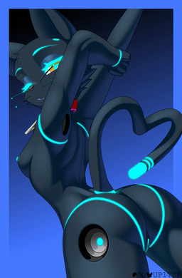 5_fingers anthro anthrofied biped black_nose black_whiskers blue_body blue_border blue_eyebrows blue_eyes blue_eyeshadow blue_fur blue_lipstick blue_markings blue_nipples blue_tail_tip border breasts butt butt_markings cheek_tuft collar collar_only dipstick_tail eyebrows eyelashes eyeshadow facial_tuft female fingers fur genitals gesture glowing glowing_eyebrows glowing_eyelashes glowing_markings glowing_nipples gradient_background lipstick looking_at_viewer looking_back looking_back_at_viewer machine makeup markings mouth_closed multicolored_eyes nipples nude nude_anthro nude_female one_eye_closed orange_eyes rear_view red_collar simple_background small_breasts solo tail tail_gesture tail_heart tail_markings teeth text tuft two_tone_eyes vulva whiskers up1ter hi-fi_rush microsoft tango_gameworks 808_(hi-fi_rush) domestic_cat felid feline felis mammal robot robot_anthro 2026 absurd_res artist_name digital_media_(artwork) hi_res