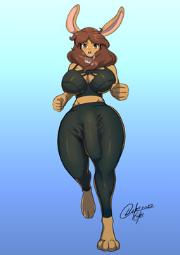 anthro big_breasts big_penis bottomwear bra breasts brown_body brown_fur brown_hair bulge clothed clothed_anthro clothed_gynomorph clothed_intersex clothing detailed_bulge down_the_leg_bulge erection erection_under_clothing fur genital_outline genitals gynomorph hair huge_penis intersex jogging long_ears long_hair long_penis midriff pants penis penis_outline solo sports_bra underwear wide_hips yoga_pants bakuhaku hare lagomorph leporid mammal 2022 digital_media_(artwork) hi_res