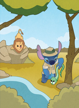 black_eyes blue_body blue_nose bottomless claws clothed clothing fangs feral fur green_body group hat headgear headwear looking_at_another mane notched_ear outside plant rock tan_body tan_fur teeth tree water bloodhowl disney lilo_and_stitch stitch_(lilo_and_stitch) alien experiment_(lilo_and_stitch) felid lion mammal pantherine reptile scalie snake 2015 digital_media_(artwork) hi_res