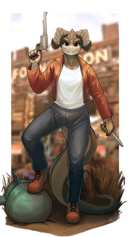 anthro biped blurred_background bottomwear clothed clothing footwear fully_clothed gun handgun holding_gun holding_handgun holding_knife holding_object holding_ranged_weapon holding_revolver holding_weapon knife looking_at_viewer pants ranged_weapon red_clothing revolver shirt solo topwear weapon white_clothing white_shirt white_topwear color_fox fallout microsoft deathclaw scalie 2021 absurd_res hi_res