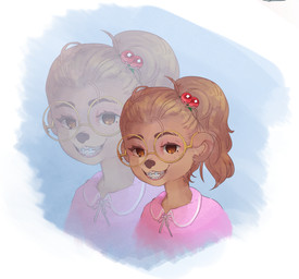 anthro brown_body brown_eyes brown_fur brown_hair clothing eyewear female fur glasses hair looking_at_viewer pink_clothing ponytail portait round_glasses smile solo young young_anthro corablue mammal mustelid otter 2025 digital_media_(artwork) hi_res