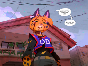 anthro belt bite biting_lip blood blood_drip blood_on_clothing blood_on_face blood_on_mouth bodily_fluids bottomwear building clothing collar denim denim_bottomwear denim_clothing detailed_background dripping ear_piercing ear_ring facial_markings female fur green_eyes head_markings head_tuft house jeans jersey long_sleeve_shirt looking_down low-angle_view markings narrowed_eyes pain pants piercing pointy_ears pupils raining ring_piercing shirt slit_pupils solo speech_bubble spots spotted_body spotted_fur storm striped_markings stripes text topwear torn_clothing torn_jersey torn_shirt torn_topwear tuft yellow_body yellow_fur ruffu pepper_(ruffu) felid feline mammal serval digital_drawing_(artwork) digital_media_(artwork)