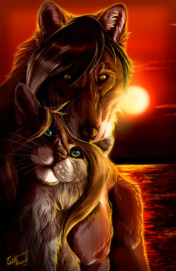 ambiguous_gender anthro day detailed_background duo green_eyes outside sky sun wolfroad canid canine canis domestic_cat domestic_dog felid feline felis mammal 2011 digital_media_(artwork) hi_res