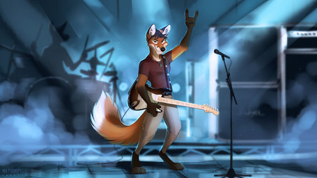 4_toes amplifier anthro barefoot black_nose black_pawpads claws clothed clothing concert devil_horns_(gesture) digitigrade drum drum_set duo electric_guitar electronics feet fur gesture guitar hair hand_gesture holding_guitar holding_musical_instrument holding_object male microphone microphone_stand musical_instrument pawpads percussion_instrument playing_guitar playing_music plucked_string_instrument solo_focus speaker stage standing string_instrument text toes multyashka-sweet fender_musical_instruments_corporation marshall_amplification stratocaster canid canine fox mammal 16:9 2018 artist_name digital_media_(artwork) widescreen
