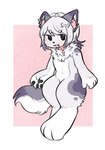 4_fingers anthro black_ears black_nose black_pawpads blush casual_nudity chest_tuft claws collar collar_only cute_fangs eyebrow_through_hair eyebrows female finger_claws fingers fur grey_body grey_fur grey_hair hair inner_ear_fluff kemono navel nude open_mouth pawpads paws pink_background pink_collar pink_eyes pink_inner_ear_fluff simple_background solo translucent translucent_hair tuft white_body white_fur giantwolf0428 hi_res