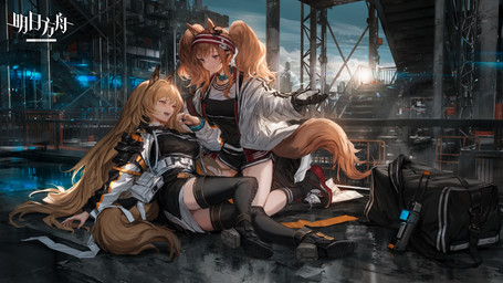 bag belt black_clothing black_footwear black_legwear black_shoes black_stockings boots bottomwear breasts brown_hair clothing cloud collar day duo female footwear gloves hair handwear industrial_architecture jacket kneeling legwear long_hair lying open_mouth outside pigtails shirt shoes shorts smile stockings tail topwear lm7_(op-center) arknights hypergryph studio_montagne angelina_(arknights) ceobe_(arknights) animal_humanoid canid canid_humanoid humanoid mammal mammal_humanoid 16:9 2022 digital_media_(artwork) hi_res official_art widescreen
