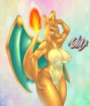 abstract_background anthro bedroom_eyes big_breasts breasts charizard dragon exposure_variation female fire flaming_tail generation_1_pokemon genitals green_eyes half-closed_eyes happy huge_breasts innie_pussy membrane_(anatomy) membranous_wings mythological_creature mythological_scalie mythology narrowed_eyes naughty_face navel nintendo nipple_dip nipples non-mammal_breasts non-mammal_nipples nude orange_body orange_skin pokemon pokemon_(species) pokemorph pose pussy scalie seductive simple_background smile solo suggestive tail tailzkim wings