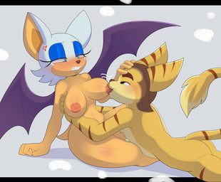 angry anthro big_breasts blush breast_play breast_suck breasts clothing cross-popping_vein duo female fur green_eyes hat headgear headwear male male/female nipples nude nude_anthro nude_female nude_male sucking white_body white_fur wings apinkgrape ratchet_and_clank sega sonic_the_hedgehog_(series) sony_corporation sony_interactive_entertainment ratchet_(ratchet_and_clank) rouge_the_bat bat lombax mammal absurd_res crossover hi_res