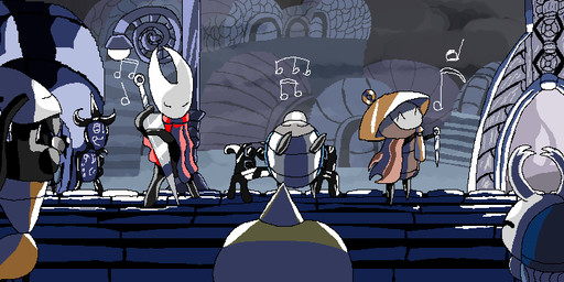 2_horns ambiguous_gender antennae_(anatomy) bench biped black_body clothing eyes_closed group hat headgear headwear holding_melee_weapon holding_object holding_weapon horn melee_weapon musical_note musical_symbol playing_music red_clothing sign singing standing street_lamp symbol weapon moth-bee-chameleon hollow_knight:_silksong hollow_knight_(franchise) team_cherry elderbug_(hollow_knight) hornet_(hollow_knight) myla_(hollow_knight) shakra_(hollow_knight:_silksong) sherma_(hollow_knight:_silksong) sly_(hollow_knight) arthropod 2025 animated digital_media_(artwork) pixel_(artwork) pixel_animation