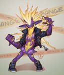 3_fingers anthro biped clothed clothing fingers footwear jacket male mostly_nude open_mouth shoes simple_background solo standing text tongue topwear maaty-s nintendo pokemon amped_toxtricity generation_8_pokemon pokemon_(species) toxtricity digital_media_(artwork) english_text hi_res