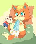 anthro baby baby_bottle bedding blanket blush clean_diaper clothed clothing diaper diaper_only doll drinking female food_print fruit_print lying on_back pattern_diaper paws pillow pineapple_pattern pineapple_print plant_print print_diaper solo toddler topless wearing_diaper young young_anthro coopitchu animal_crossing nintendo audie_(animal_crossing) canid canine canis inanimate_object mammal wolf hi_res