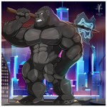 abs anthro axe biceps black_body black_fur border city detailed_background featureless_crotch fingers fur grey_body grey_fur macro male melee_weapon multicolored_body multicolored_fur muscular muscular_anthro muscular_male nipples nude pecs red_eyes scar sharp_teeth solo standing teeth vein veiny_muscles weapon white_border aaron_(artist) king_kong_(series) king_kong ape gorilla haplorhine mammal primate 1:1 2021 digital_media_(artwork) hi_res