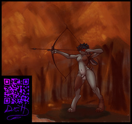 armed arrow_(weapon) athletic auburn_body auburn_fur autumn balls belly big_muscles big_pecs black_body black_fur black_hair bow_(weapon) branch digitigrade drawing_bowstring femboy flaccid foreskin forest_background fur genitals grey_body grey_fur hair highlights_(coloring) looking_offscreen male multicolored_body multicolored_fur muscle_tone muscular nature navel nipples nub_tail nude obscured_eyes orange_leaves painterly paws pecs penis pink_balls pink_ears pink_genitals pink_nipples pink_penis public public_nudity qr_code ranged_weapon recurve_bow red_feather ribs rock scut_tail shadow short_tail solo standing tail thick_thighs water weapon wide_hips drhalloway domestic_rabbit lagomorph leporid lop_rabbit mammal oryctolagus rabbit shaded signature trans_(lore)