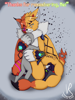ambiguous_gender anthro armor bodily_fluids changing_color clothing duo fading_away female fur gauntlets gloves handwear hug orange_body orange_fur simple_background size_difference tears text white_body white_fur vanilla_road bandai_namco digimon digimon_(species) domestic_cat felid feline felis mammal meicrackmon meicrackmon_vicious_mode 3:4 absurd_res hi_res
