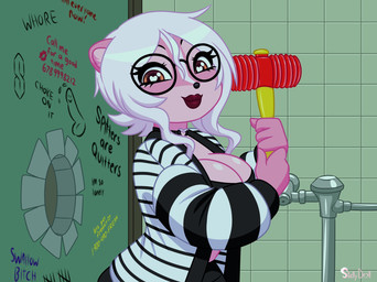 anthro clothed clothed_female clothing eyewear female fully_clothed fully_clothed_female fur glasses glory_hole graffiti graffiti_on_wall hammer penis_with_face pink_body pink_fur smile solo tools skelly_doll diana_rayablanca mammal mephitid skunk 2023 hi_res
