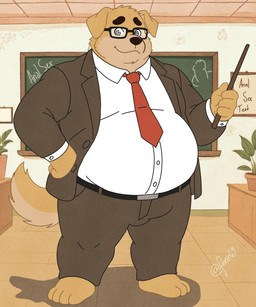 accessory anal anthro belt blush chalkboard clothed clothed_male clothing eyewear fur glasses looking_at_viewer male male/male necktie overweight overweight_male solo suit suit_and_tie tail teacher text wearing_glasses yellow_body yellow_fur fibear magnus_(fibear) canid canine canis domestic_dog mammal digital_drawing_(artwork) digital_media_(artwork) english_text hi_res
