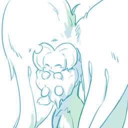 ambiguous_gender anthro antlers big_ears biped bipedal_feral blush blush_lines carrying_another chest_tuft crossbar_emanata digitigrade duo emanata eyes_closed feral fluffy fluffy_tail fur head_wings horn huge_wings lying mouthless neck_tuft notched_ear on_back rear_view semi-anthro simple_background size_difference tail teal_body teal_fur tuft unusual_wing_placement white_background wings 0olqplo0 kirby_(series) kirby_and_the_forgotten_land nintendo elfilin fecto_elfilis alien chinchillid mammal rodent starling_(kirby) 1:1 digital_drawing_(artwork) digital_media_(artwork) monochrome male_(lore)