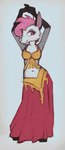 anthro arms_above_head belly_dancer belly_dancing clothed clothing dancing female fully_clothed hair harem_outfit midriff pink_hair simple_background solo marsminer the_crane_family iris_crane american_opossum mammal marsupial virginia_opossum 2023