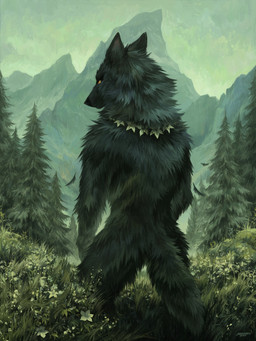 ambiguous_gender anthro black_body black_fur black_nose evergreen_tree flower flower_necklace fur grass looking_at_viewer looking_back looking_back_at_viewer mountain nature nature_background outside pine_tree plant pointy_ears prick_ears rear_view solo standing tail tree yellow_sclera cherry_wake mythology canid canine mammal mythological_canine mythological_creature werecanid werecanine werecreature werewolf 2025 3:4 digital_media_(artwork) hi_res signature female_(lore)