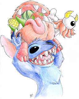 black_eyes blue_body blue_claws blue_fur blue_nose bone carrying_another claws corn duo eating eye_bone food fruit fur melon notched_ear open_mouth open_smile orange_body orange_fur plant simple_background smile text white_background midnighthuntingwolf disney don't_starve klei_entertainment lilo_and_stitch otto_von_chesterfield stitch_(lilo_and_stitch) alien experiment_(lilo_and_stitch) unknown_species 2015 crossover english_text hi_res traditional_media_(artwork)