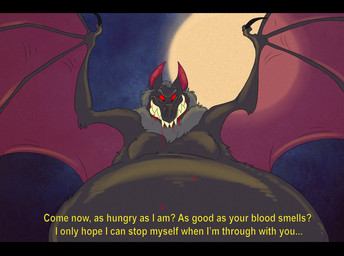 anthro belly belly_inflation big_belly black_bars bloated blood bodily_fluids dialogue fake_screencap huge_belly inflation male red_sclera sharp_teeth smile solo teeth text wings sharpt00th bat mammal vampire english_text letterbox