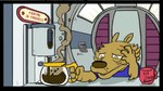 anthro beverage blue_clothing blue_shirt blue_topwear brown_body brown_fur brown_nose clothing coffee coffee_cup coffee_pot container cup fur half-closed_eyes hand_on_head holding_coffee_pot inside machine male narrowed_eyes pouring_coffee shirt solo spacecraft text tired topwear vehicle yellow_eyes ayato albert_lupine canid canine canis mammal wolf english_text low_res