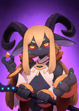 4_arms 4_fingers :3 accessory anthro armwear biped black_body black_ears black_fur black_horn blonde_hair blue_claws bracelet breasts cheek_markings claws clothed clothing curled_horn cute_fangs detached_sleeves facial_markings fangs female female_anthro finger_claws fingers front_view fur gem grey_inner_ear hair hair_accessory head_markings holding_gem holding_object holding_staff horizontal_pupils horn jewelry kemono long_hair looking_at_viewer markings midriff monotone_body monotone_fur monotone_hair multi_arm multi_limb navel necklace pendant pigtails pupils purple_background red_sclera simple_background small_breasts smile snaggle_tooth solo staff teeth topwear white_clothing white_topwear kamukamu6392 bovid caprine goat mammal 2026 colored digital_media_(artwork) half-length_portrait hi_res portrait shaded