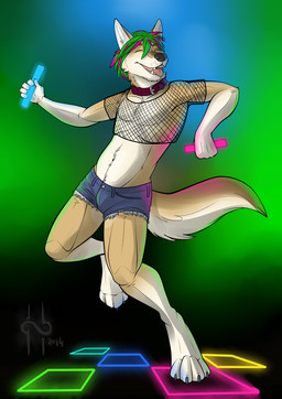 anthro black_nose bottomwear brown_body brown_fur clothing dancing eyes_closed fishnet_clothing fishnet_topwear front_view fur glowstick gradient_fur green_hair hair hotpants magenta_hair male male_anthro multicolored_hair open_mouth open_smile rave shorts simple_background slim_anthro slim_male smile solo tan_body tan_fur topwear two_tone_hair hufnaar canid canine mammal 2014 absurd_res dated hi_res