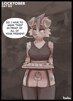 anthro balls barred_chastity_cage black_border border chastity_cage chastity_device clothing dialogue food garter_straps genitals gynomorph intersex legwear party penis piercing shy solo sushi text thigh_highs wearing_chastity_cage wearing_chastity_device remurawr locktober honey_(remurawr) australian_shepherd canid canine canis domestic_dog herding_dog mammal pastoral_dog sheepdog absurd_res comic english_text hi_res