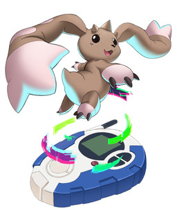 anthro beady_eyes brown_body brown_fur chibi digivice fur horn long_ears rear_view simple_background solo white_background liecomj bandai_namco digimon digimon_(species) lagomorph leporid lopmon mammal rabbit hi_res