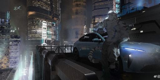 anthro big_fangs biped blue_eyes blue_markings bottomwear building car cheek_tuft clothed clothing facial_tuft fangs fur futuristic grey_bottomwear grey_clothing grey_markings grey_pants hair male male_anthro markings mouth_closed night pants short_hair solo standing teeth topless tuft vehicle white_body white_fur white_hair awaldkize felid mammal absurd_res hi_res