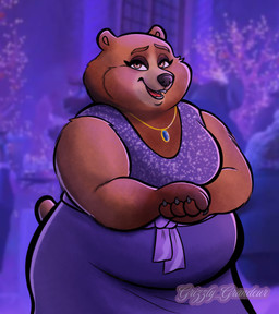 anthro belly breasts brown_body brown_fur clothing dress fat_arms female fur jewelry looking_at_viewer necklace open_mouth open_smile overweight overweight_anthro overweight_female smile solo tail grizzly_grandeur disney zootopia the_bearoness bear brown_bear mammal ursine hi_res signature